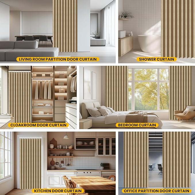 AJAZZ Set: Curtain Rods No Drilling (38-53" W Adjustable Range) & Accordion Door Curtain, Brown 53W×78" L, Accordion Doors for Closet Doorway Room Divider