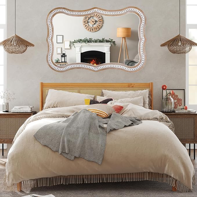 36x24 Inch Wavy Mirror for Wall Decor, Wooden Bathroom Decorative Mirrors | Hang Vertically or Horizontally to Fit Living Room, Entryway, Sideboards, Dresser, Hallway, Foyer or Rental Spaces