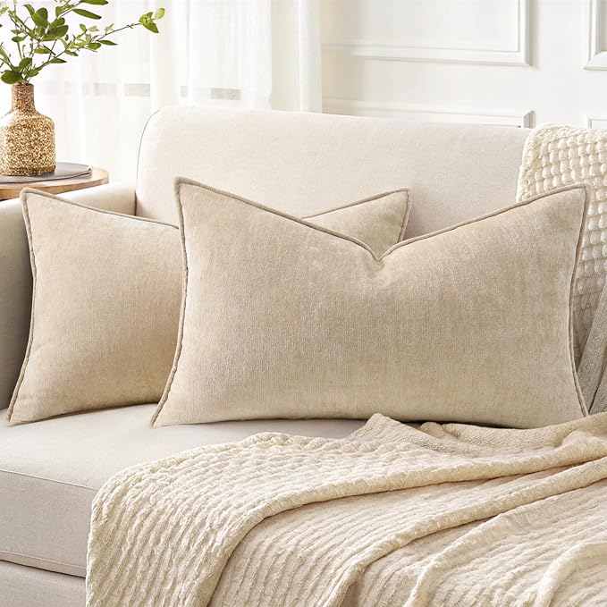 decorUhome Fall Couch Throw Pillow Covers 12x20 Set of 2, Decorative Soft Velvet Modern Cozy Chenille Lumbar Pillow Cases with Elegant Design for Sofa Bed Living Room Home Decor, Beige