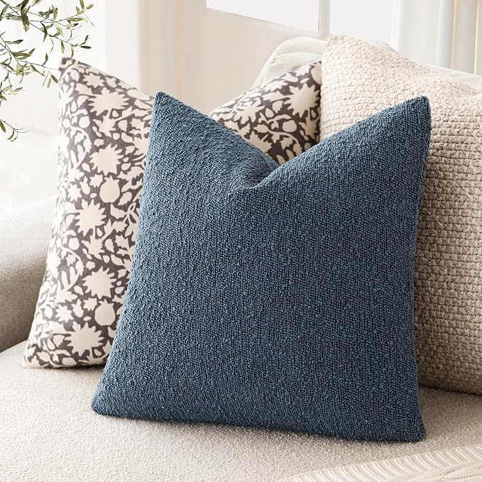 Foindtower Set of 2, Decorative Textured Boucle Throw Pillow Covers Accent Solid Pillow Cases Neutral Couch Cushion Case for Chair Sofa Bedroom Living Room Home Decor 16x16 Inch Dark Blue