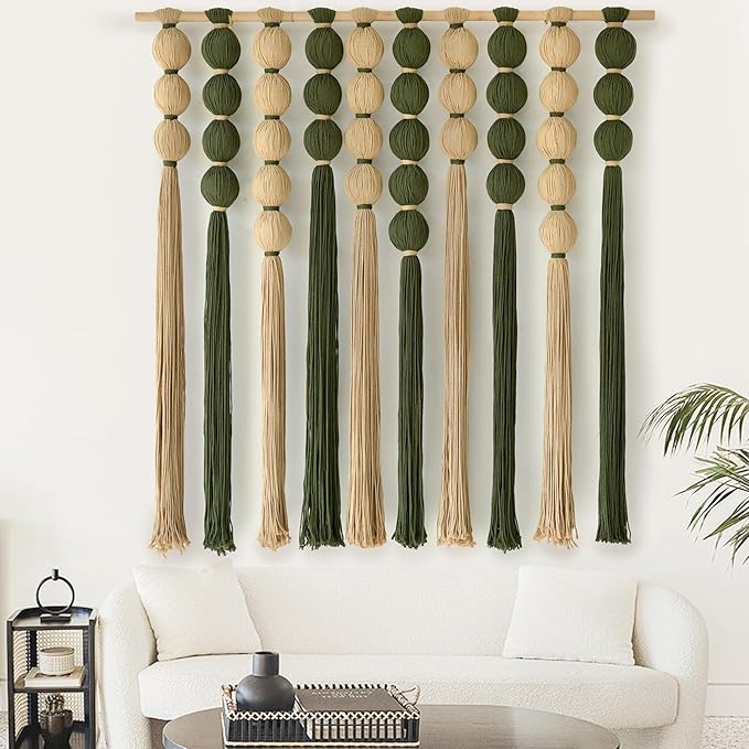 Macrame Wall Hanging Large Boho Wall Decor Natural Green Jute Sphericity Cotton Textile Wall Hanging Geometric Art Fiber Yarn Art Handmade For Living Room Bed Room Apartment Wedding Party 39" Wx39" L