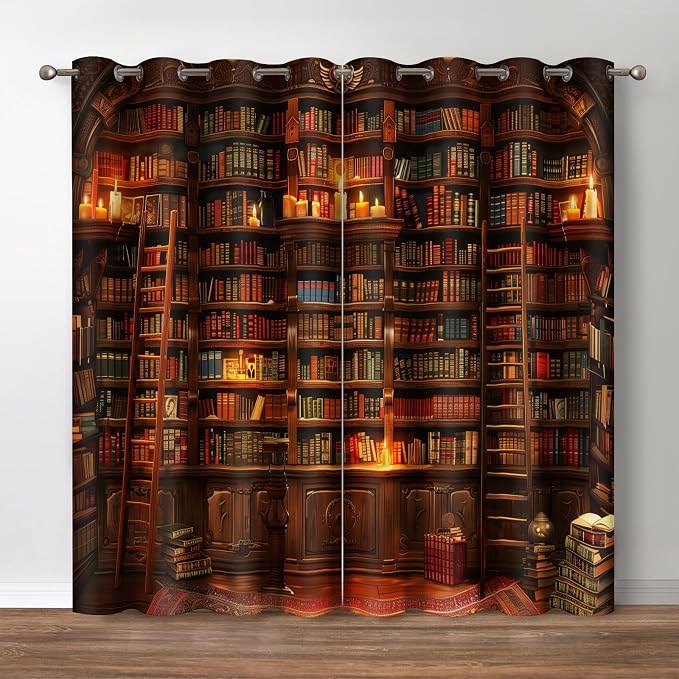 Jekeno Vintage Bookshelf Blackout Curtains Library Books Bookcase Ladder Candle Decor Shading Drapes for Bedroom Study Classroom Living Room Darkening Grommet Window Drapes 2 Panel Set, 42"x63"