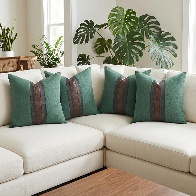 Set of 2 Leather Throw Pillow Covers Cotton Linen Decor Patchwork Pillow Cover Faux Leather Pillows Cover for Couch Sofa Living Room Bedroom,Grass Green 18"x18"