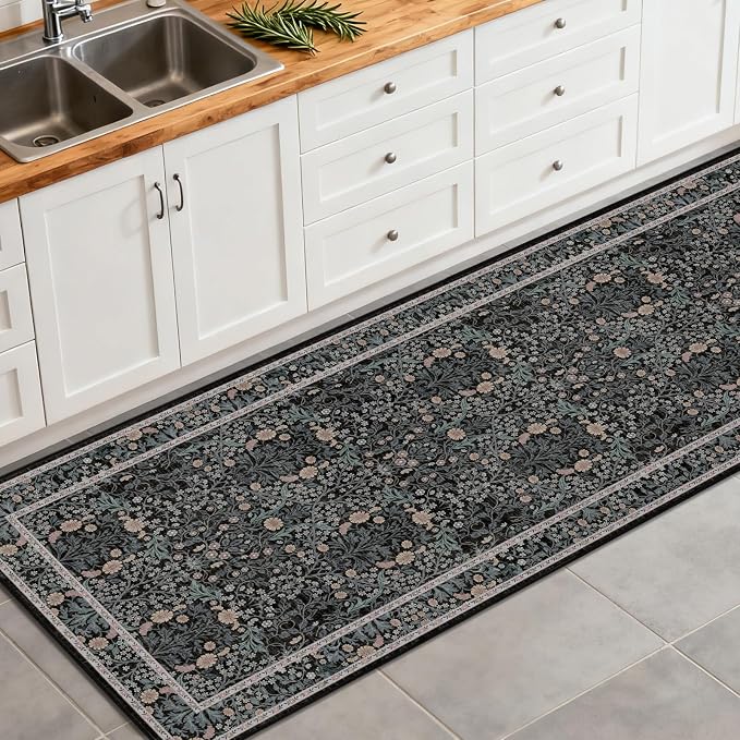 Washable 2' x 6' Runners for Hallways, Non Slip Long Floor Runner for Kitchen, Entryway Indoor, Stain Resistant Rubber Backing Floral Decor Rug (Black)