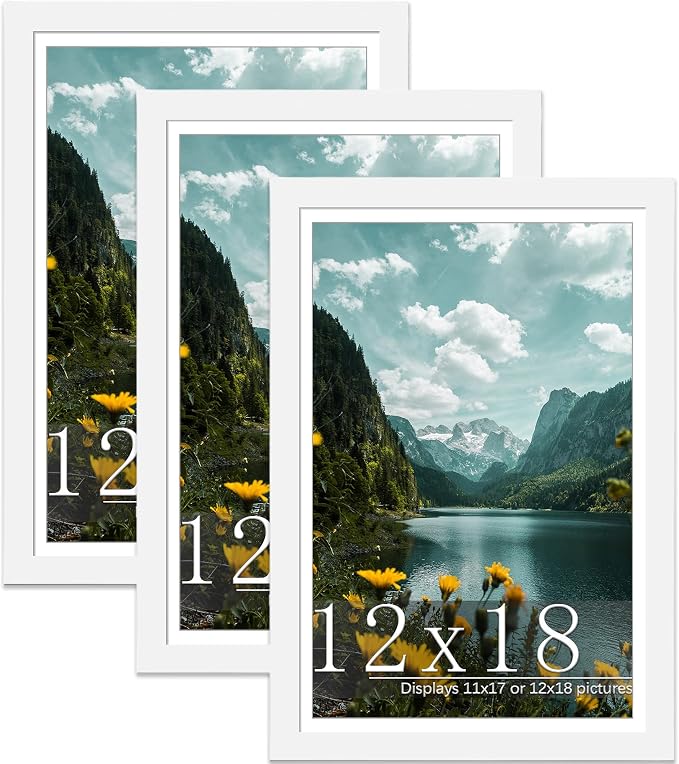 Picrit 12x18 Picture Frame 3 Pack, White Poster Frame, Display Poster 11 x 17 with Mat or 12 x 18 without Mat for Horizontal or Vertical Wall Mounting