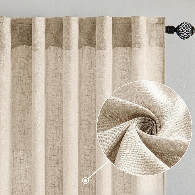 MIULEE Light Taupe Linen Curtains 108 Inches Long 2 Panels for Bedroom Living Room, Soft Linen Textured Window Drapes Semi Sheer Light Filtering Back Tab Rod Pocket Farmhouse Modern Burlap Look Decor