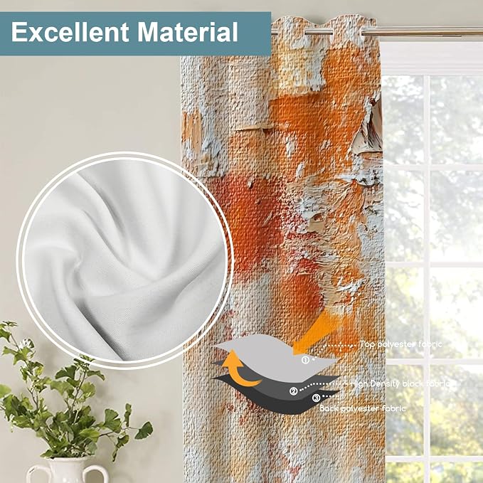 Shrahala Brushstrokes of Paint Thermal Insulated Blackout Window Curtains, Orange Grey Canvas Texture Long Drapes for Bedroom/Living Room with Plastic Grommet, 52X63 Set of 2