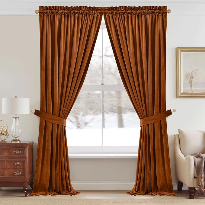 StangH Luxury Burnt Orange Curtains for Living Room 96 inches, 2 Panels | Boho Vintage Decor, 300GSM Soft Heavy Velvet, Thermal Insulated & Light Blocking Window Drapes, Bedroom, Dining Room