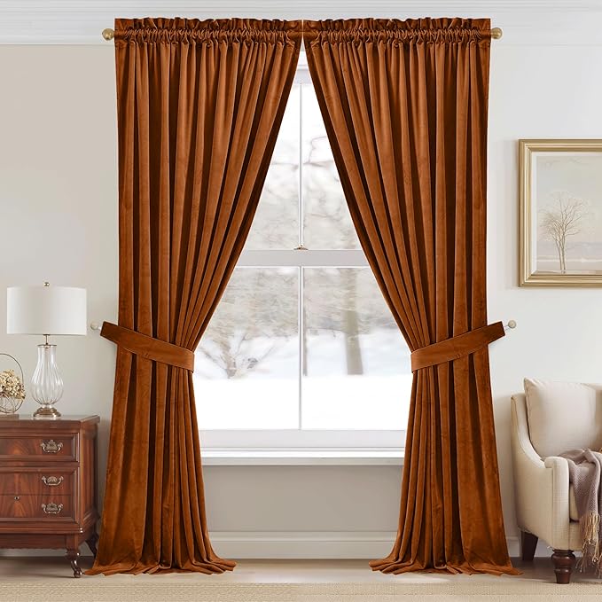 StangH Burnt Orange Velvet Curtains 92 inches Vibrant Room Darkening Drapes for Living Room, Soft Thermal Insulated Divider Curtains, Warm Autumn Home Decor, W52 x L92, 2 Panels