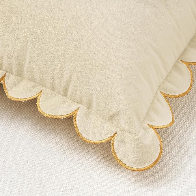 MONDAY MOOSE Decorative Throw Pillow Covers Cushion Cases, Set of 2 Soft Velvet Scalloped Round Edge Designs, Mix and Match for Home Decor, Pillow Inserts Not Included (20x20 inch, Cream)