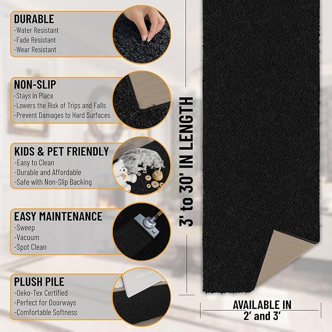 Ottomanson Long Shag Runner Rug 2' x 26', Fluffy Extra Long Hallway Runner with Non-Slip Rubber Backing, Soft Non-Shedding Rug for Corridor, Entryway, Kitchen, Laundry, Black