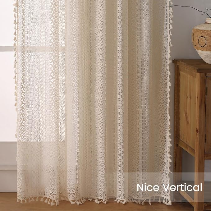 WAZZIO Boho Lace Curtains 80 Inches 2 Panel,Light Filtering Privacy Tassel & Geometry Crochet Semi Sheer Curtain Drapes for Bedroom Living Dining Room,Rod Pocket & Tassel,Vintage Farmhouse Decor,Beige