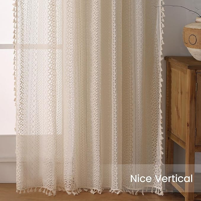 WAZZIO Boho Lace Curtains 96 Inches 2 Panel,Light Filtering Privacy Tassel & Geometry Crochet Semi Sheer Curtain Drapes for Bedroom Living Dining Room,Rod Pocket & Tassel,Vintage Farmhouse Decor,Beige