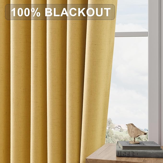 Joywell 100% Blackout Linen Curtains 84 Inch Long for Bedroom Rod Pocket Back Tab Hook Belt Black Out Curtain Thermal Insulated Drapes for Living Room Window 2 Panels,52 x 84,Gold Yellow