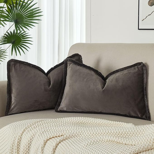 JUSPURBET Pack of 2 Ash Decorative Fringe Velvet Throw Pillow Covers 16x24 for Home Decor Living Room Bedroom Car Boho Soft Cushion Cover with Hidden Zipper Machine Washable