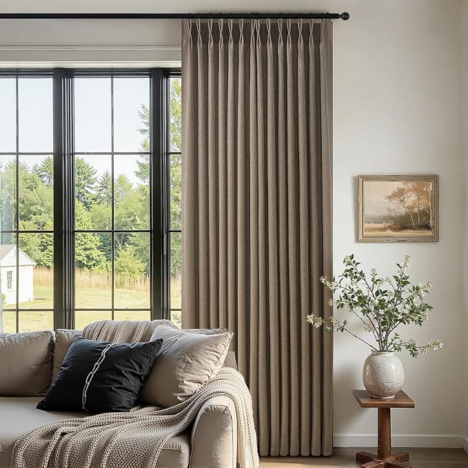 96 Inches Long Pinch Pleated Semi Sheer Curtains,Dark Flax Blended Light Filtering Window Curtains 96 Length for Living Room Bedroom Pinch Pleat Drapes with Hooks 1 Panels 72" Wx96 L