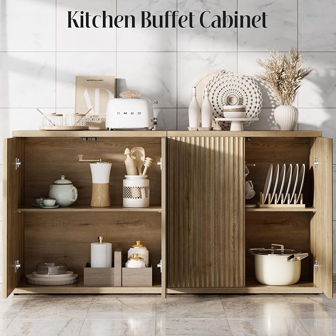 Fluted Buffet Cabinet Sideboard with Storage, Wooden Credenza with 2 Doors & Adjustable Shelf, Modern 15" Deep Accent Cabinet for Living Room, Kitchen Dining Room Entryway,Natural Oak