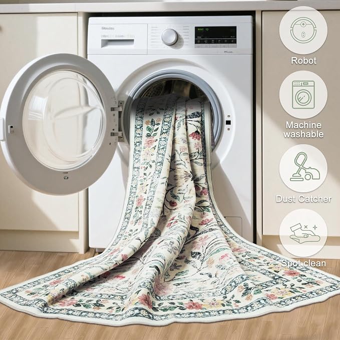 Round Area Rug for Living Room: 8 ft Floral Washable Circle Rug Soft Boho Non-Slip Carpet Indoor Floor Stain Resistant Low Pile Small Circular Rug for Bedroom Entryway Kitchen Nursery Green/Beige