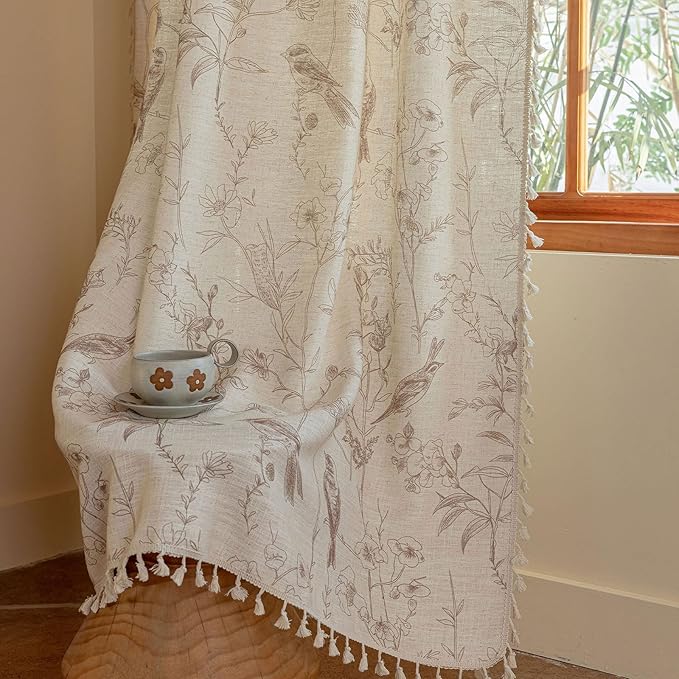 OYX Boho Curtains 63 Inches Long, Beige Semi Sheer Farmhouse Drapes with Floral & Garden Birds, Vintage Rod Pocket Window Curtain Set of 2 Panels for Kitchen Bedroom