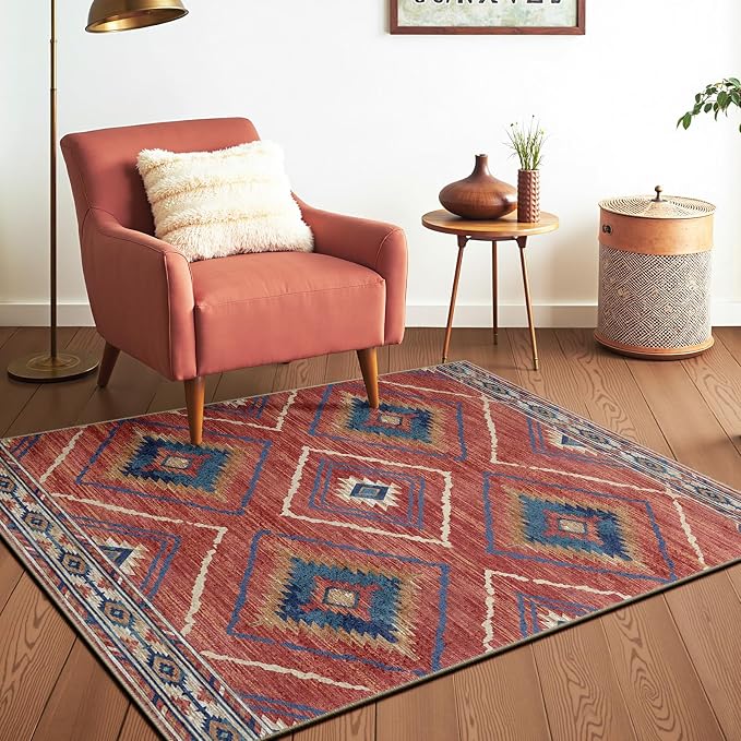 BESTSWEETIE Area Rug 4x4 Rug Machine Washable Non-Slip Low Pile Print Pattern Western Rug for Living Room Bedroom Entryway Tribal Series -Red/Orange