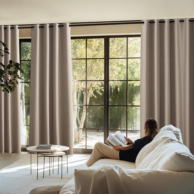 NICETOWN Vintage Faux Linen Weave Flax Thermal Curtains for Living Room, W52 x L84 in Per Panel, Set of 2, 100% Blackout Curtains for Bedroom, Window Treatments for Night Shift Workers, Taupe