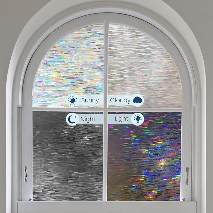 Decorative Stained Glass Window Film, Privacy Film for Glass Windows Rainbow Window Cling Colored Window Film Energy Saving, Perfect for Home and Office, Laser Rhombic, 23.6 Inch X 13.1 Feet