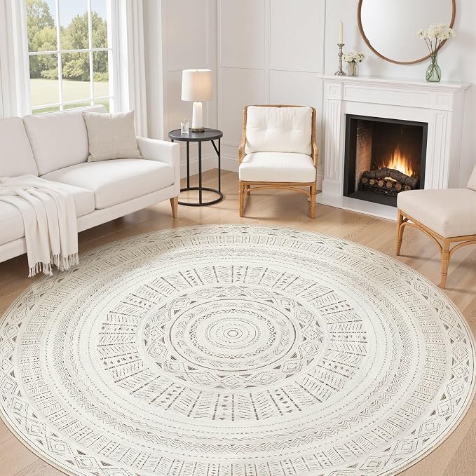 cotiled 8x8 Round Area Rugs Living Room Rug: Washable Boho Rugs with Non Slip Backing Large Soft Indoor Stain Resistant Carpet for Bedroom Farmhouse Dining Room Lightweight Home Decor L Brown/Cream