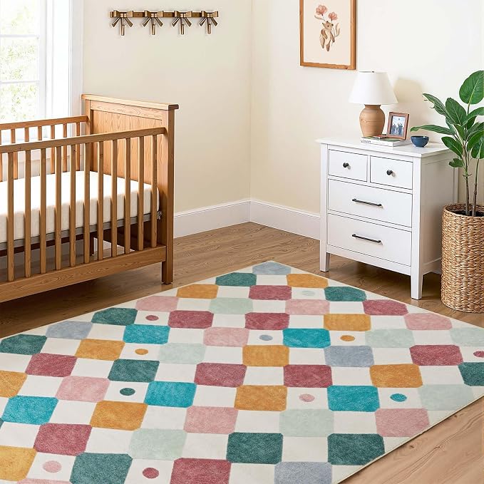 jinchan Macy 5x7 Area Rug for Kids Room Modern Colorful Nursery Rug Checkered Diamond Play Mat Washable Soft Non Slip Carpet for Playroom Classroom Bedroom Dorm Daycare Living Room Confetti on Cream