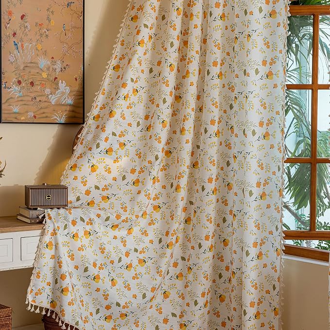 OYX Floral Boho Curtains 2 Panels Short 84 Inch Curtains Patterned Semi Sheer Living Room Drapes Farmhouse Boho Window Curtain Panels with Tassel Beige Rod Pocket Bedroom Drapes