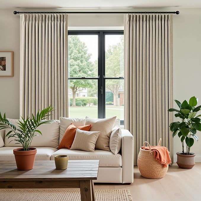 IVAPUPU Sand Pinch Pleated Full Blackout Linen Curtains for Bedroom, Black Out Curtains 108 Inches Long for Living Room Darkening Thermal Insulated Neutral Pleat Drapes with 16 Hooks, 2 Panels