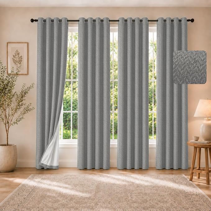 4 Panels 100% Blackout Linen-Textured Curtains, Thick Thermal Insulated Grommet Drapes with Subtle Herringbone Weave, Luxury Decor for Bedroom/Living Room, 54 x 95 Inches, Grey