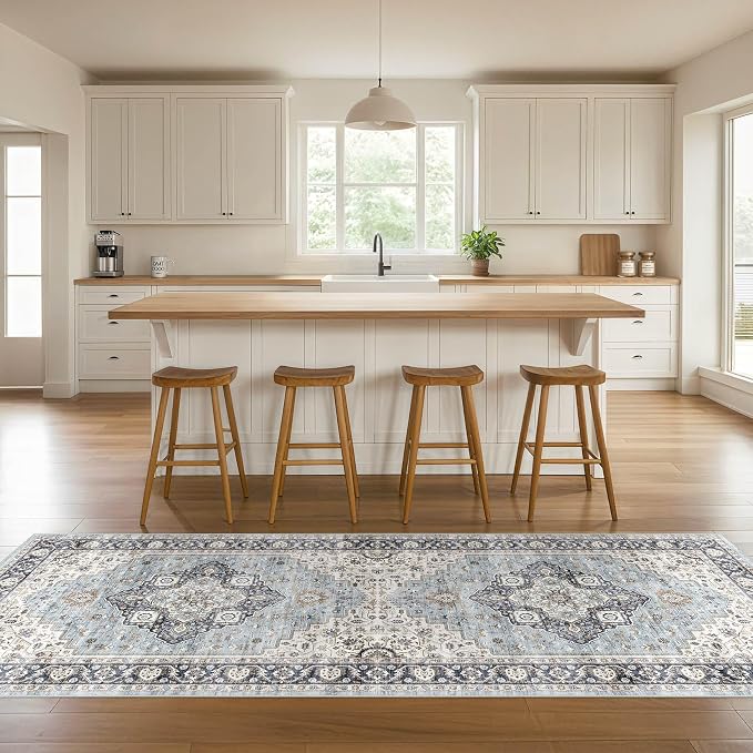 Runner Rug Kitchen Washable Rugs: 3x8 Non-Slip Boho Vintage Distressed Stain Resistant Indoor Neutral Farmhouse Throw Carpet for Hallway Bathroom Laundry Room Entryway Bedroom- Blue Tan