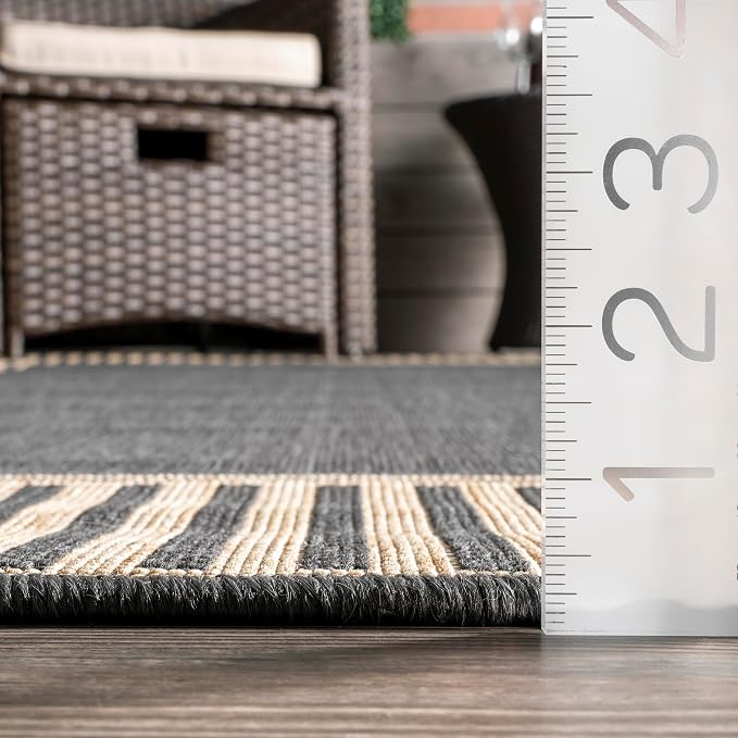 Nuloom Asha Dark Grey/Ivory, 6'7" x 9', Casual, Striped Border, Soft and Cozy, High Traffic, Stain Resistant, Easy Clean, Durable Area Rug for Indoor/Outdoor Patio, Deck, Porch, Garden, Courtyard
