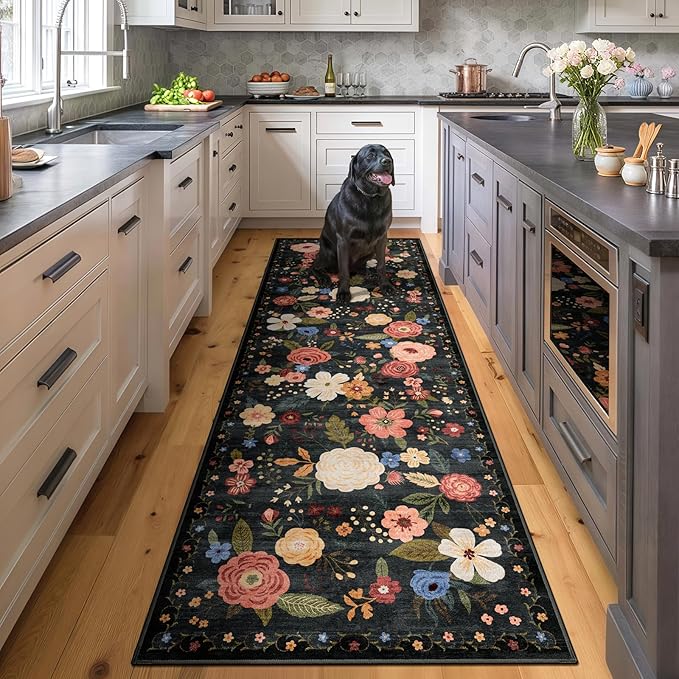 2.6x8 Machine Washable Runner Rug, Kitchen Hallway Area Rug Black Green Vintage Boho Floral Non-Slip Low Pile Soft Faux Wool Carpet Kids and Pets Friendly for Bedroom Entryway Nursery Home Decor Rug