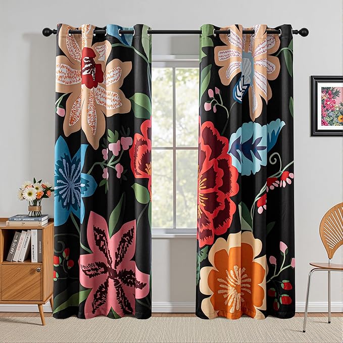 MYSKY HOME Black Boho Floral Blackout Curtains 84 inch Length 2 Panels Set for Living Room Thermal Insulated Privacy Protect Black Out Flower Patterned Grommet Drape for Bedroom Dining Room, 52" x 84"