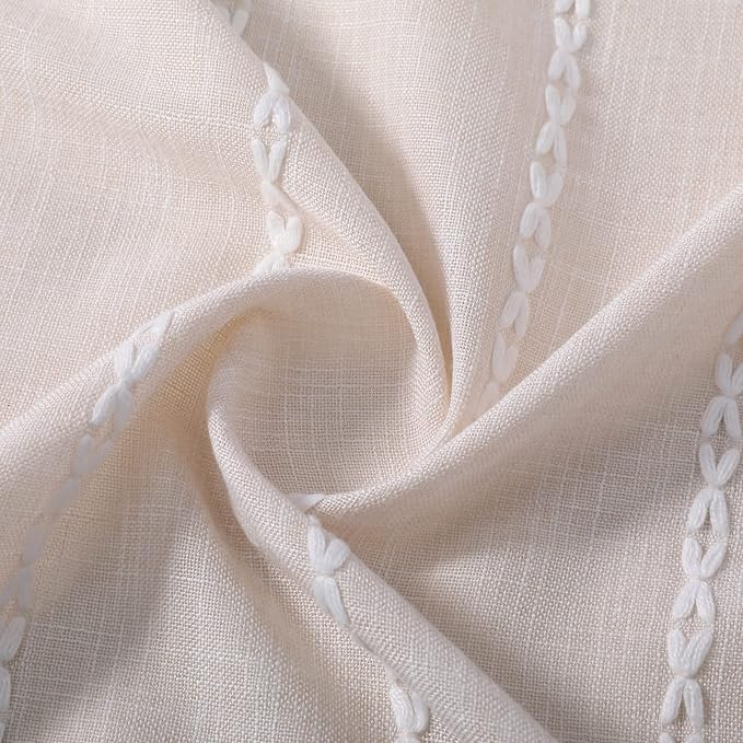 RoomTalks Boho Curtains for Bedroom Living Room 72 Inch Length Freanch Country Modern Farmhouse Window Curtain Panels Embroidery Striped Bohemian Tassel Draperies (72’’L x 52’’W, Beige)