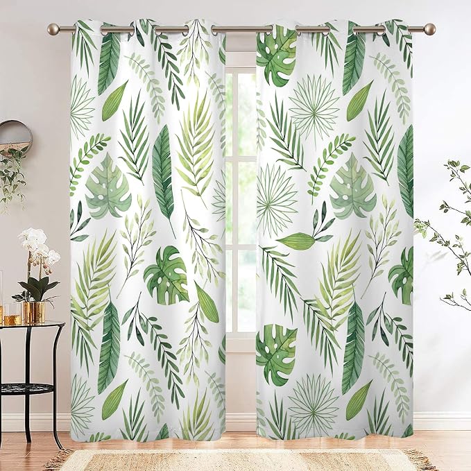Renaiss Green Leaf Blackout Curtains, Tropical Safari Plants Patterned Thermal Insulated Bedroom Window Curtains, Eucalyptus Botanical Window Drapes for Living Room, 84" L x 42" W 2 Panel Set