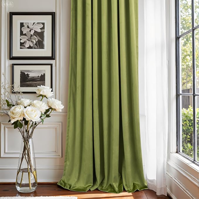 Moss Green Velvet Curtains 72 Inch Length for Dining Room 2 Panels Back Tab Rod Pocket Super Soft Thick Room Darkening Curtain for Kids Nursery Girls Bedroom Victorian Lime Green Sage Olive 52x72 Long