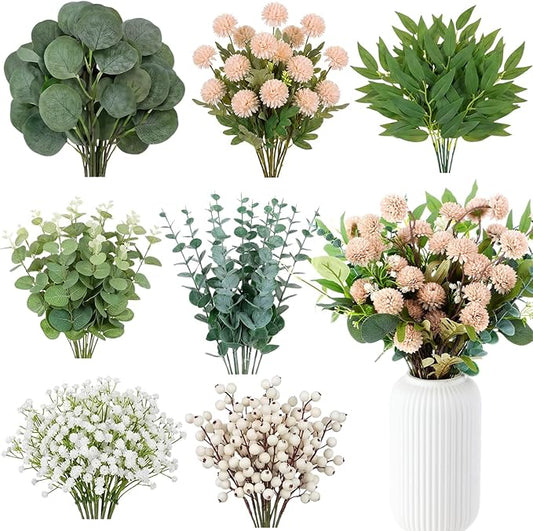 Yinder 60pcs Mixed Artificial Eucalyptus Stems and Faux Flower Set, Greenery Eucalyptus Branch Baby's Breath Silver Dollar Stem Berry and Silk Mums for Vase Centerpieces Wedding Arrangement Home Decor