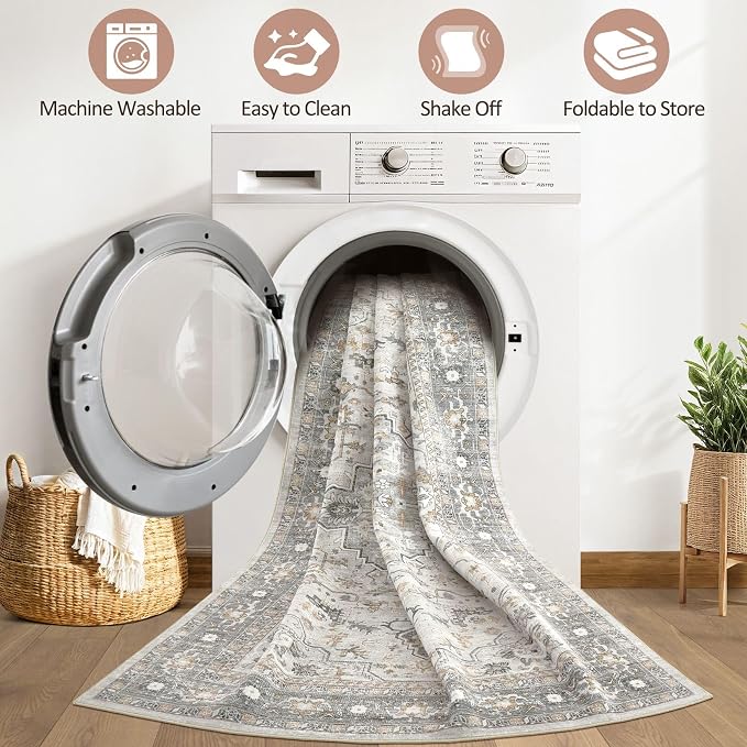 6x8 Area Rugs Living Room: Washable Boho Large Neutral Vintage Soft Rug Stain Resistant Distressed Farmhouse Non-Slip Indoor Floor Carpet for Bedroom Nursery Kids Office Dining Room- Taupe
