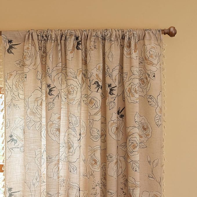 OYX Boho Floral Semi-Blackout Curtains for Bedroom, 2 Panels 52x63 Inches, Grey Rose Vintage Country Pattern with Tassels, Rod Pocket Design, Farmhouse Window Treatments