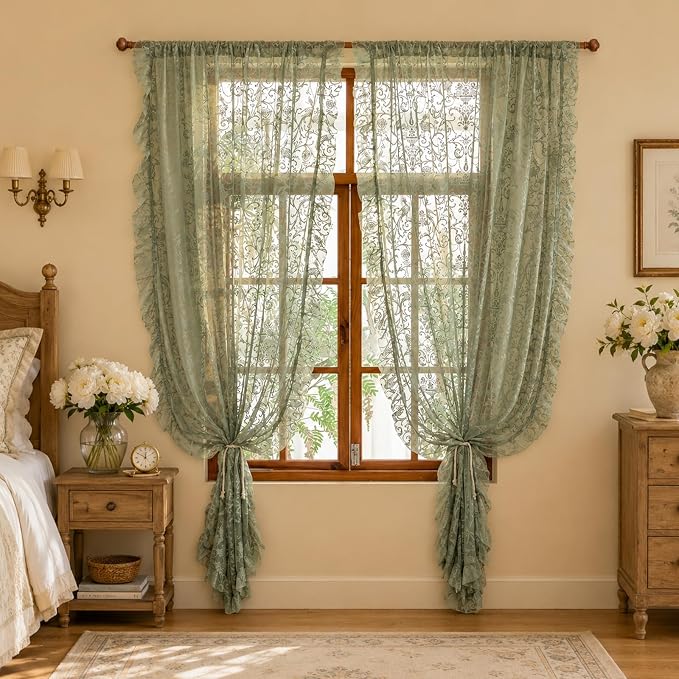 TUDECO Sage Green Lace Sheer Curtains 96 Inches Long 2 Panles | French Floral Pattern, Ruffle Edges,for Dining Room Living Room, Light Filering Privacy, Spring Summer Decor, 59 x 96 Inch