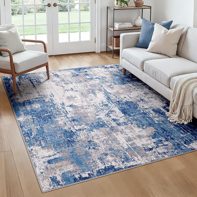 RELEANY Washable Area Rugs Square 6ft Non-Slip Modern Abstract Soft for Living Room Entryway Bedroom Kitchen, Print Pattern, Blue Grey Navy Gray
