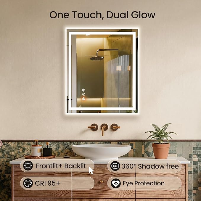 24X30 LED Bathroom Mirror with Lights, Anti-Fog, Backlit + Front Lit (CRI>90), Lighted Bathroom Vanity Mirror for Wall, Memory Function, Dimmable, Tempered Glass, Shatter-Proof