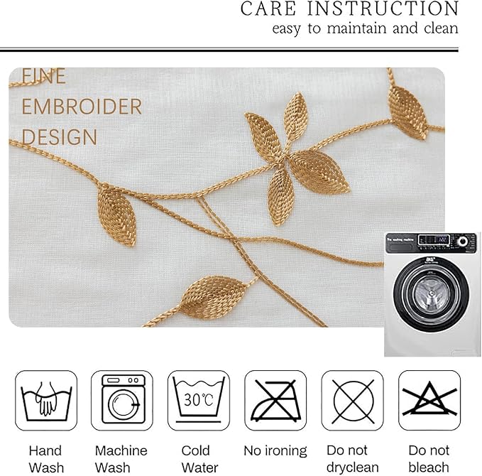 AmHoo 2 Panels Embroidered Leaf Pattern Semi Sheer Curtains Foliage Floral Voile Window Draperies Treatment for Bedroom Living Room Rod Pocket White Taupe 53 x 63 Inch