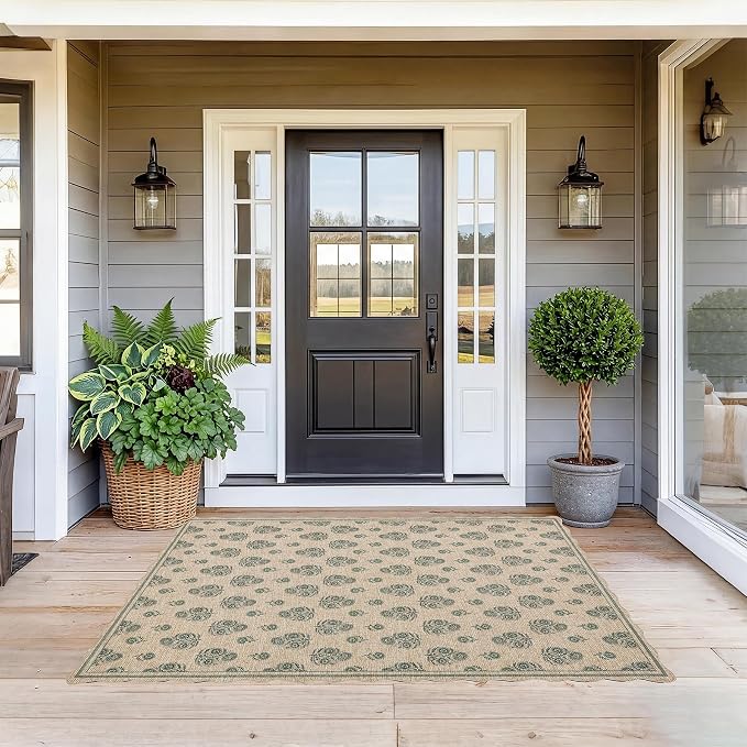 ORTIGIA Scalloped Easy Jute 3x5 Area Rug Vintage Green Floral Accent Farmhouse Washable Rug Non-Slip Indoor Outdoor Carpet for Living Room Bedroom Kitchen Patio Entryway
