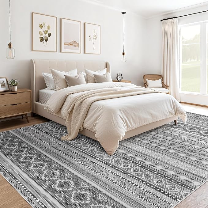 cotiled 7x9 Area Rugs Living Room Rug: Washable Boho Rugs with Non Slip Backing Large Soft Indoor Stain Resistant Carpet for Bedroom Farmhouse Dining Room Lightweight Home Decor Beige Grey
