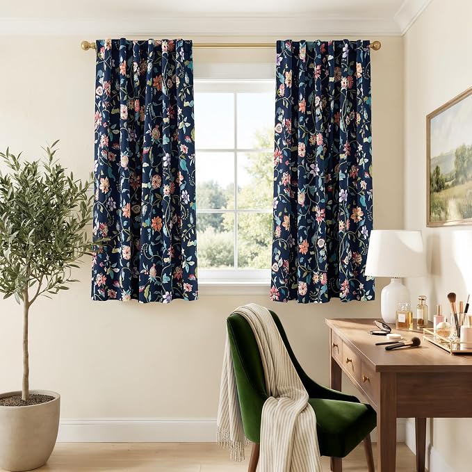jinchan Hattie Dark Blue Floral Blackout Curtains 63 Inch Length – Room Darkening Drapes for Bedroom, Home Office & Study, Elegant Vintage Floral, Cozy Light Blocking, Set of 2 Panels Back Tab