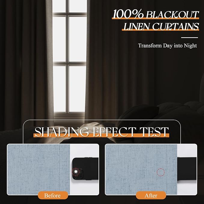 Jowels Blue Linen Blackout Curtains 108 Length 2 Panels Set for Living Room Bedroom, 100% Black Out Thermal Insulated Linen Drapes, Room Darkening Grommet Curtains 108 Inches Long