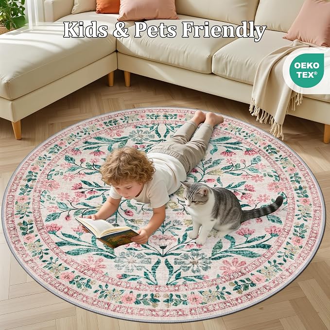 Round Area Rug for Living Room: 4 ft Floral Washable Circle Rug Soft Boho Non-Slip Carpet Indoor Stain Resistant Low Pile Small Circular Rug for Bedroom Entryway Kitchen Nursery Home Office Pink Green